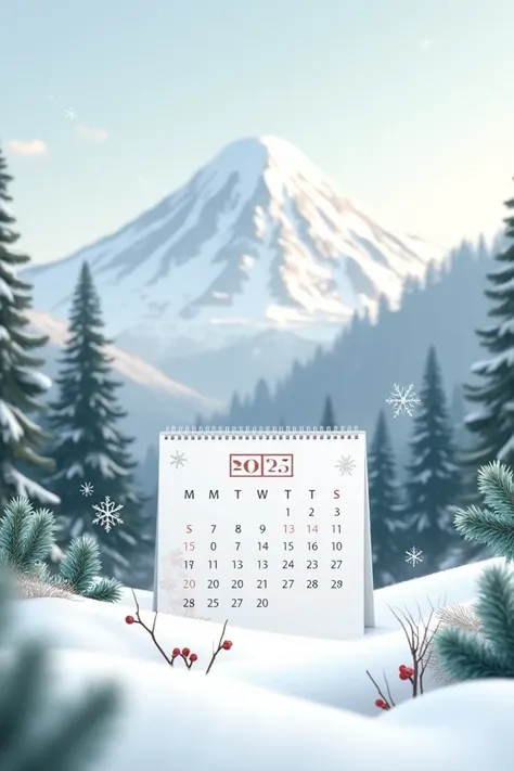 Generate image of a calendar for the year 2025 with a snowy volcano and pine trees in the background 