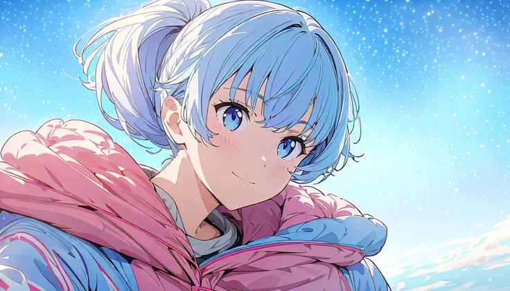 (masterpiece, Highest quality, Official Art:1.2), 
look at the sky, One Girl, alone,
(light blue hair, ponytail) and (light blue eyes),
wearing a hoodie, gentle smile, 
Blue Sky Background, 
Ultra-fine illustrations, highly detailed, Dynamic Angle, beautif...