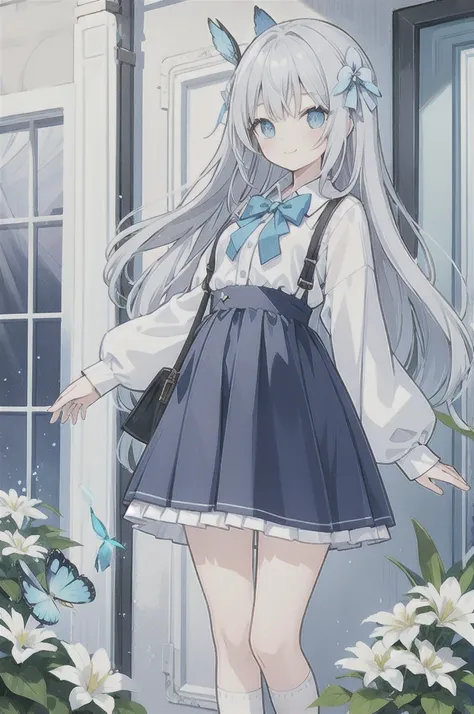 Gray hair、Very long hair · side tail on the right side · eyes of a different color 、Left eye is light blue、The right eye is gray, small breasts, white blouse, large collar, light blue cardigan, light blue ribbon on the sleeve of the cardigan, light gray ru...