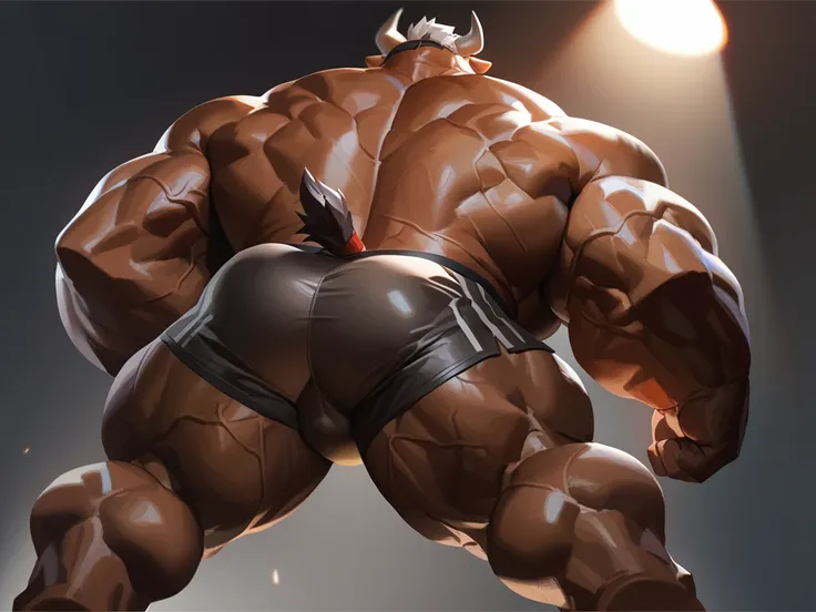 by_lindong, score_9, score_8, A huge muscular old bull, furry bull, king, full body, looking down, shorts, bulge, back view, short hair, detailed wrinkles, detailed veins, (detailed muscles, over sized muscle, very huge back, thick arms, thick back), simpl...