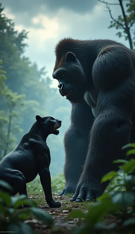 black panter and gorilla, in one frame, in a forest area and there are thunderclouds