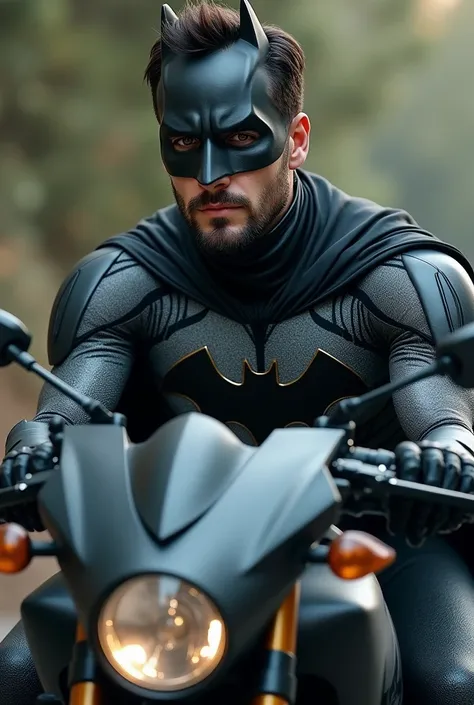 A fine handsome man , Not too muscular, brun avec de la barbe et les yeux noisettes et déguisé en Batman avec le masque sur une S1000RR,  with a variegated calluses on his shoulder 