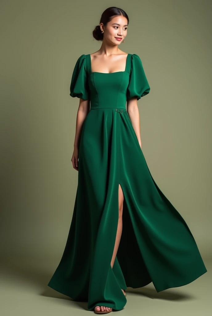  Create a long dress with Indonesian crepe fabric in moss green with sleeve, but not long, with a slit in the thigh and with a square neckline 