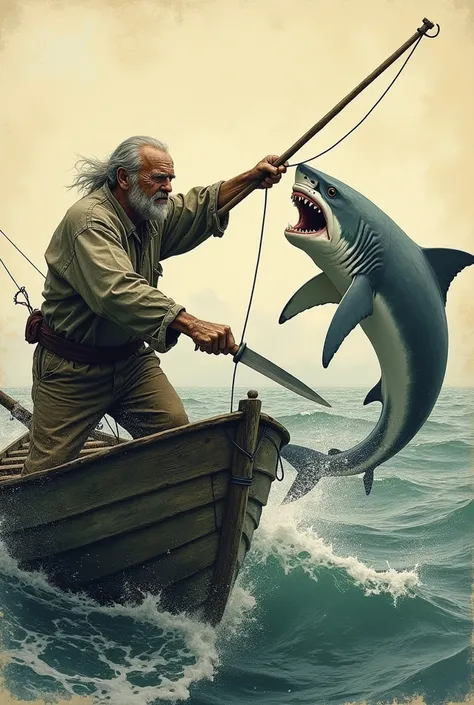 An old man in a boat killing a shark with an oar that tied his knife to the handle , that is eating the swordfish that is tied to the side of the boat the old drawing
