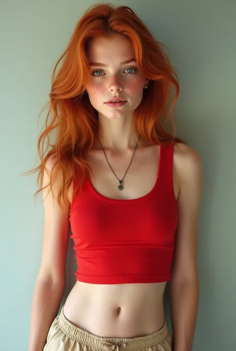 Real girl wearing a red sleeveless tank top. Navel. Beige sweatshorts. Blue eyes, ginger hair. Full-body shot. Necklace, belly button piercing. Freckles. Sneakers.