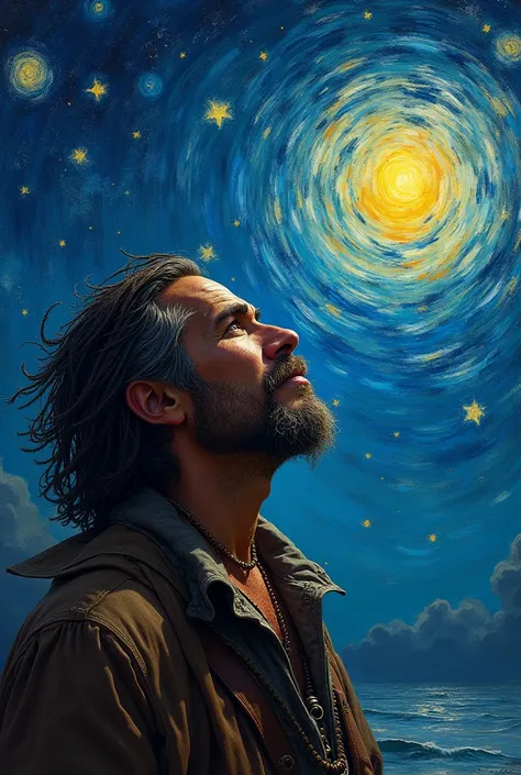 Marujo from Pirates of the Caribbean , Realistic real , Taking a picture of the sky,  like Van Goghs Starry Night