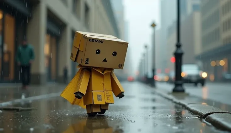 a shy cardboard box mini robot in a raincoat walking on the sidewalk on a rainy day