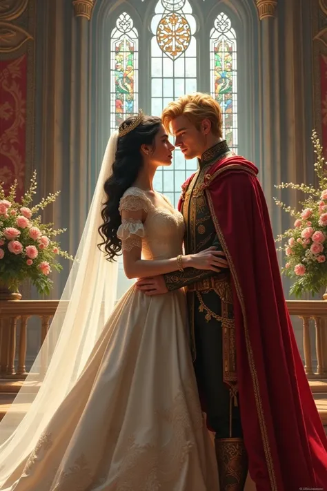  an image with the medieval aesthetic of the Narnia saga ,  that represents a wedding between a princess with white skin and black hair, and a white-skinned prince ,  blond hair and blue eyes 