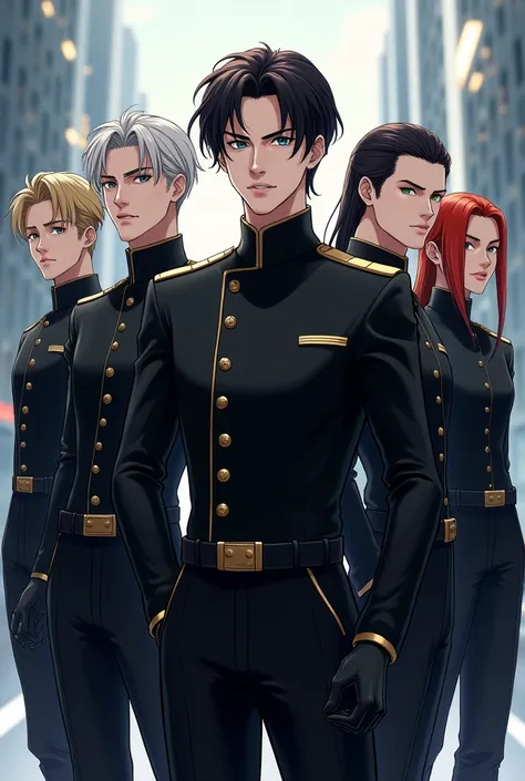  The 6 men full body in the city of tomorrow in black military suit

1 )  Ji ling golden hair blue eyes fair skin 18 year old aristocrat sweet gentle juvenile man sweet and noble teenager is a boy behaves like a boy is a teenager of 18 a bit Villains

2)  ...