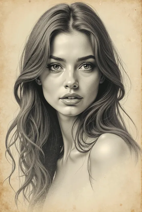 sketch of a woman with long hair, drawing on paper, vintage paper, thick eyebrows, thin lips, pencil strokes, drawing using a pencil, sketch, realistic drawing