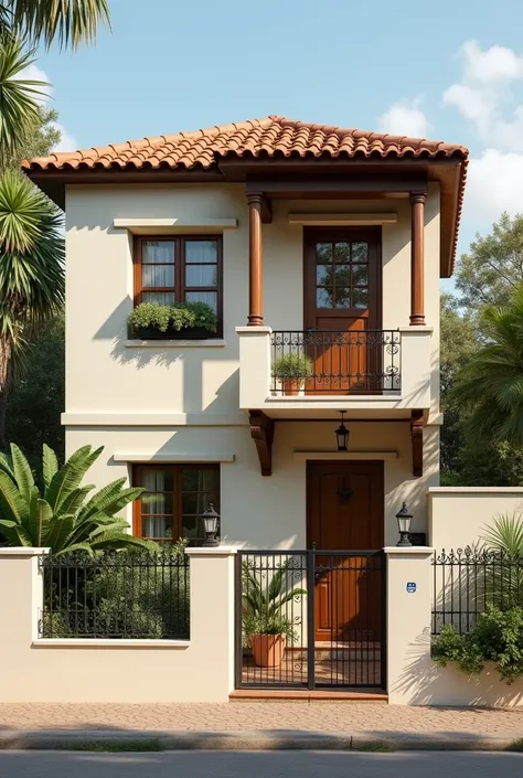 Make a simple Brazilian front house with a townhouse, an upstairs porch and a small walled garden.