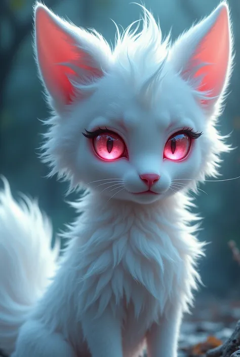 A character with pink eyes, white hair, and wolf details such as white ears and tail. 