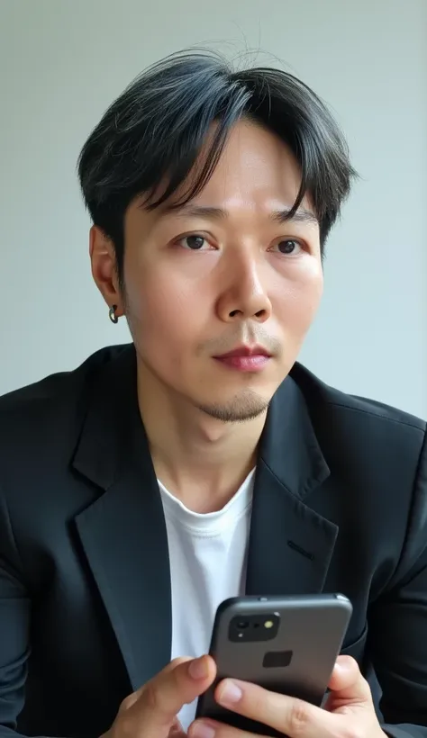 jojo, 38-year-old male, Masterpiece, best quality best, Asian man, East Asian people, one person, 8k, high detail, high detail, detail eyes, hyper realistic, (photorealism:1.2), Black hair with gray Sporadic, There is a man who is sitting with a cell phone...