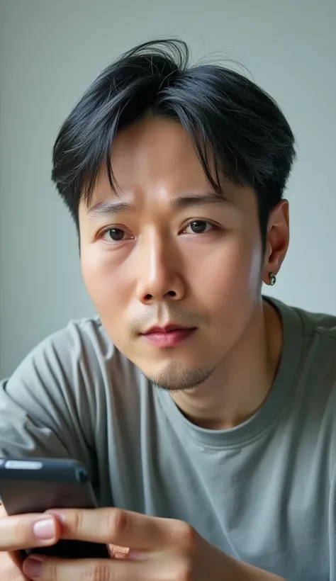 jojo, 38-year-old male, Masterpiece, best quality best, Asian man, East Asian people, one person, 8k, high detail, high detail, detail eyes, hyper realistic, (photorealism:1.2), Black hair with gray Sporadic, There is a man who is sitting with a cell phone...