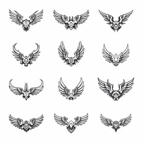 game asset sprite design, isolated with white background，frontal view, outline with black line， 3x3 title，each tile ：a Mechanical wing insignia of metal，complicated mechanical structure，reference by equipment wing design in various mmo rpg or console game ...