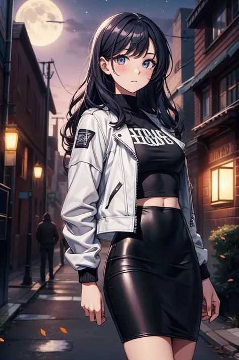 ((masterpiece, best quality:1.3, high detail)), beautiful woman, bright eyes, long wavy hair, (dark blue hair), ((white leather jacket, graphic tee)), (long black pencil ((skirt))), low rise skirt, slim body, city alley, night sky, purple sky, moon, (lower...