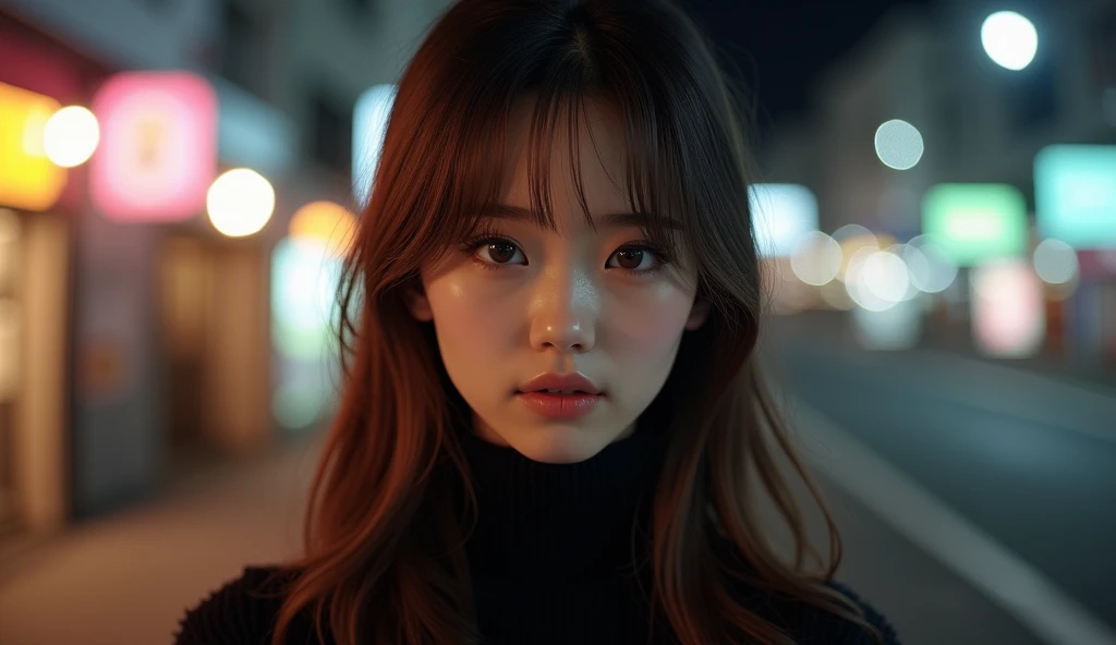 product quality, 1 girl, cowboy shot, front view, a Japanese young pretty girl, at night, wearing a black knitted turtleneck sweater, wearing mini skert, hyper cute face, glossy lips, double eyelids for both eyes, (natural makeup), shiny smooth light brown...