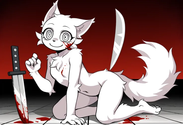 Wenda、full body、Solo、 score_9、 score_8_up、 score_7_up、feline、cat、anthro、furry、female、white fur、(fur tuft on chest, tuft of fur)、(heavily shaded white body, dark black shading on body, white body)、blood on body、(holding a knife in hand、caressing knife blade...