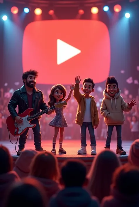 "Create an image of four music characters standing together on stage in a small theater, greeting the audience. Each character represents a different musical genre:

Rocker Ronny in a leather jacket, holding a guitar.

Pop Star Lily in a sparkling dress, w...