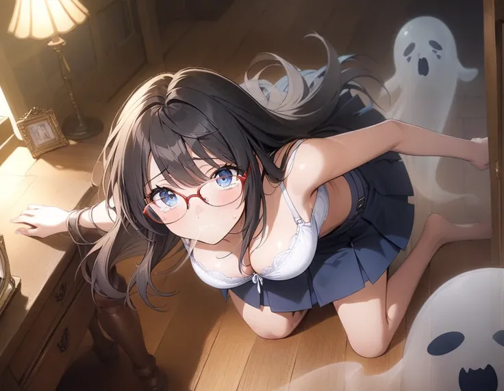 score_9, score_8_up, score_7_up, source_anime,  official art , obviously , nsfv, (((( 1girl)))), Asuka Tanaka ,  long hair,  Black hair ,  blue eyes,  glasses , glasses без оправы, red-framed eyewear, над-ободковые glasses,   Hair between the eyes  , skirt...