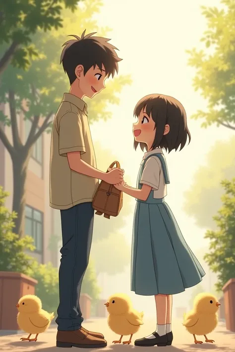 Create an image of a boy with an average age of 22 receiving girl with an average age of 19 how is coming from boarding school wearing uniforms of a long white school shirt and a light blue school skirt with her bag giving to the boy and both are soo happy...