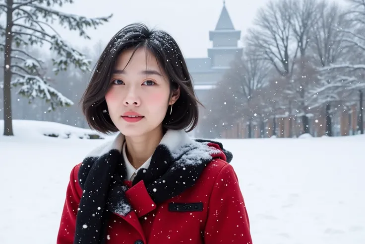 Portrait,  beautiful fifties middle-aged Korean woman,  short medium length dark hair , Wore a winter coat, Low saturation , Snowfield , snowflake, It&#39;s snowing, Outdoor,  fantasy background, falling snow background . Blurry and faint like an old photo...