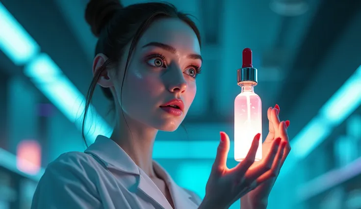 An alien girl with striking features and glowing skin, standing in a high-tech laboratory, her eyes wide with surprise and intrigue. She holds a glowing vial, the serum reflecting in her hand as her expression shifts to one of intense curiosity and confusi...