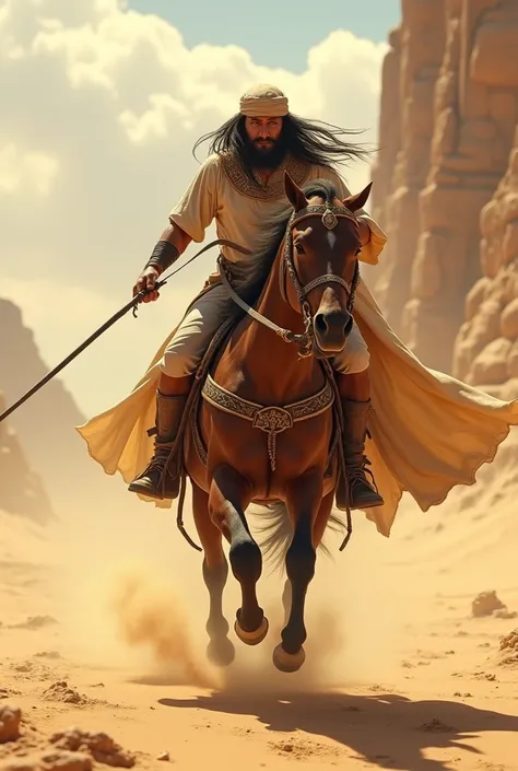 Egyptian man fleeing on horseback