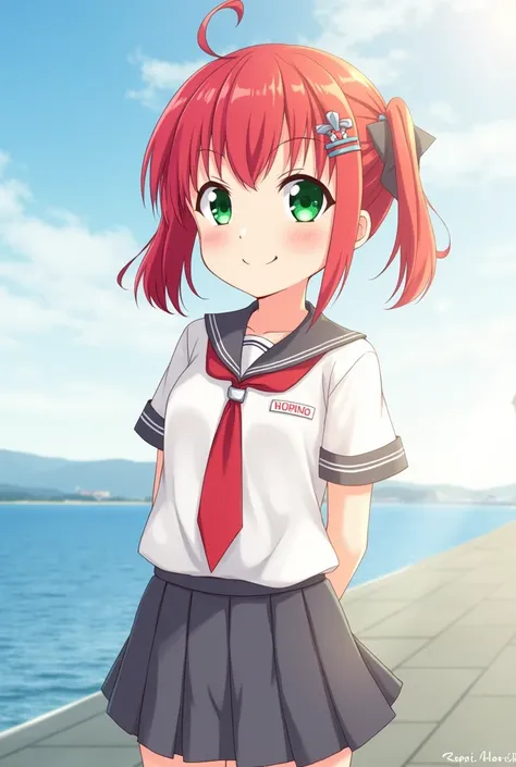 (masterpiece, best quality), illustration, detailed eyes, 1girl, solo, kurosawa ruby, flat chest, red hair, two side up, green eyes, smile, school uniform, white shirt, pleated skirt, serafuku, grey skirt, red neckerchief, tie clip, uranohoshi school unifo...