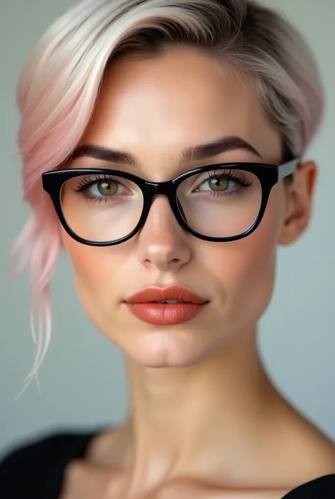  A feminine face with harmonious and delicate features .  She has a short haircut with shades that combine an ash blonde and shades of pastel pink.  She wears large, black-framed glasses that frame her well-defined eyes . Her makeup is subtle but elegant ,...