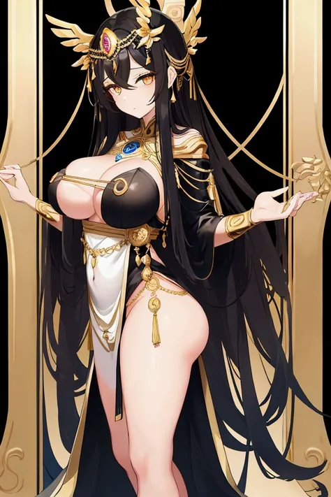 A goddess of the human who have big breast big ass long black hair golden eyes and she have short clothes clothes combination is white and gold 