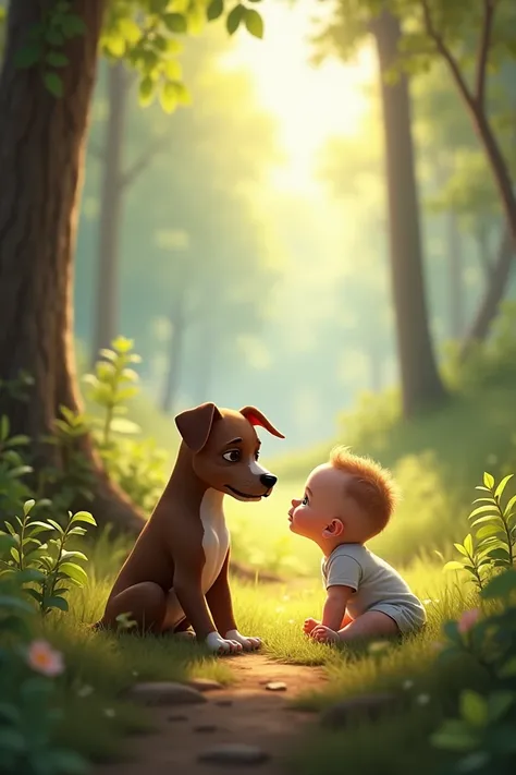 A baby next to a pit bull in a setting with forest on a sunny day 