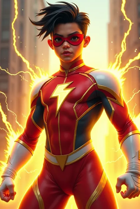 Latin superhero  ,with yellow electric powers , wearing red and white uniforms 
with gold details in the shape of a lightning bolt and electricity ,without mask , teenager 