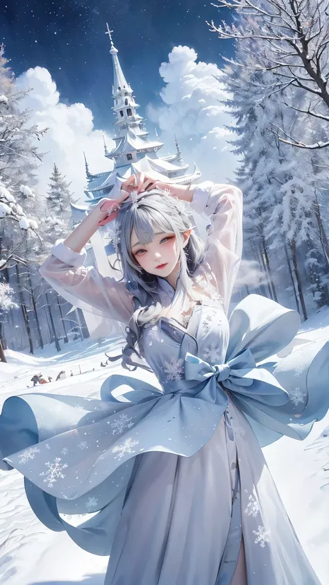 princess的脸出现在空中，Winter scenery，Surreal wonderland，Dreamy cloud and fairy island，(big snowflake:1.3)，Colorful big snowflake is dancing.，princess&#39;The palace is covered with snow，The tree of life blooms with endless vitality，Twinkling stars in the night s...