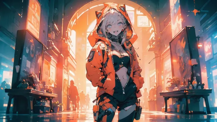 (masterpiece,  top quality:1.6), Alone, Bold outline, (pastel,  simple background holding clothes ,  bright orange background , monochrome,  bright orange theme :1.2), Official Art,  key visual , 8k, Cluttered , whole body, ( unique hair , Excessive hoodie...