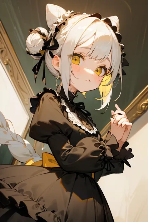        short white hair  , ((       Masterpiece    :1.2)). ((Gothic Lolita Clothing)).((  Very Cute :1.2)).((   Details)).Front、        upward glance     。((  hair has 2 knots)).(( Yellow and Black Clothes )).((Bun at 2 places on the head )).