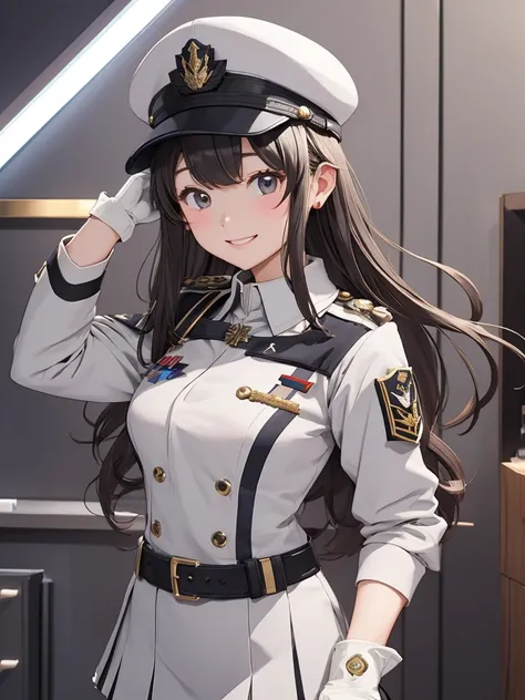 masterpiece、 high definition 、1 Girl、(solo))、whole body、woman、 light smile 、blush、Mid-chest、Lost weight、 real、20s、Medium full 、 Grey Earth Defense Force Uniform、Wear a gray hat、 gloves、Troop Emblem 、 wear rank badges on both collars 、Medals、 Mini Skirt、