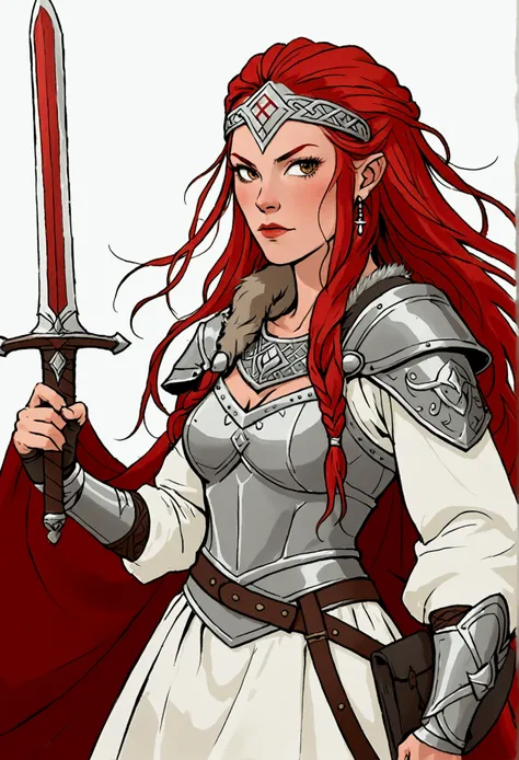 Viking bride with long red dreads, weilding a sword and shield