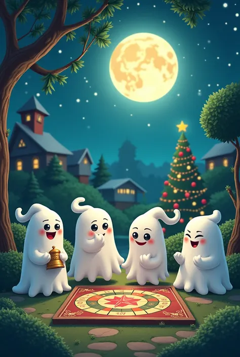 Image of several emoji-style ghosts playing on a park board under the moon with a Christmas background with the text “THE GHOST” with the Grinch 