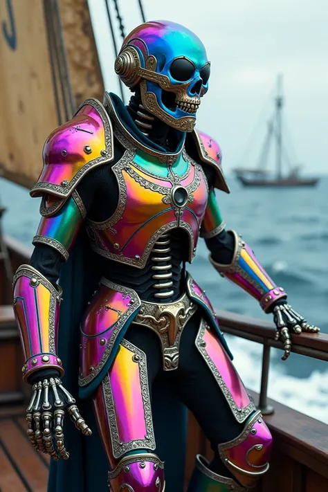 A skeleton with heavy rainbow armor and a cool looking cyberpunk mask that is sailing the Seven Seas