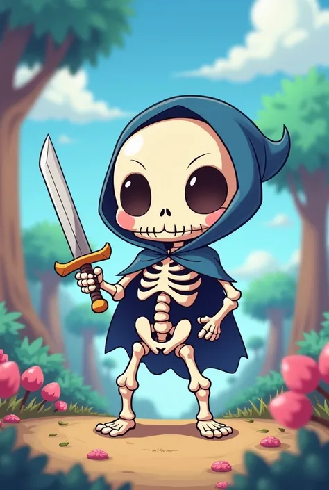 A anime cute skeleton with a little sword