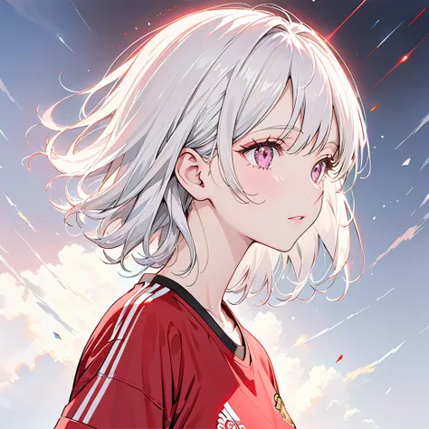        Masterpiece           ,        top quality, ((Pure      white背景     )),   permanent     ,     Bob short hair       ,       half up,      Manchester Unitedのユニフォーム， Manchester United，Red T-shirt， Manchester Unitedハイポニーテール     ,       has long eyelashe...