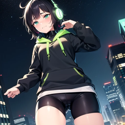 (masterpiece),(best quality),(best resolution),(ultra detailed),(anime cg),1 girl,young girl,(((tomboy))),(boyish:1.4),black hair,very short hair,(messy hair),fliped hair,wide eyes,((headphones around the neck)),black turtleneck inner,(black hoodie),long s...