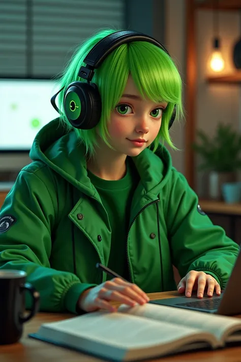  ,  green hair, Green Jacket,  green shirt,    large black and green Bluetooth headset,  table with a notebook  , an open book,   a coffee mug next to  