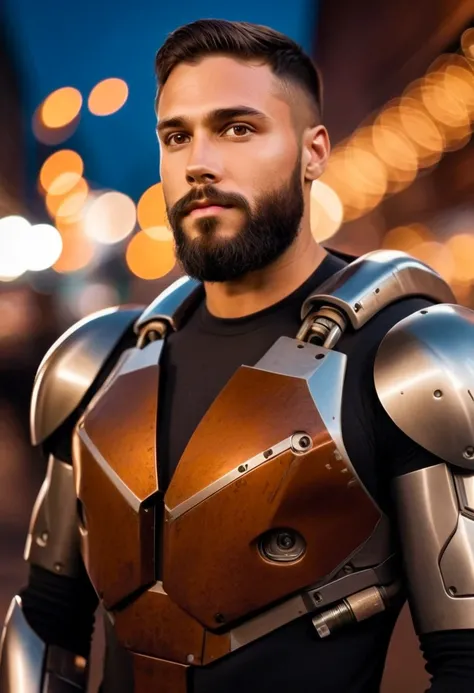 Portrait photo of muscular bearded guy in a worn mech suit, ((light bokeh)), intricate, (steel metal [rust]), elegant, sharp focus, photo by greg rutkowski, soft lighting, vibrant colors, (masterpiece), ((streets)), (detailed face:1.2), (glowing dark brown...