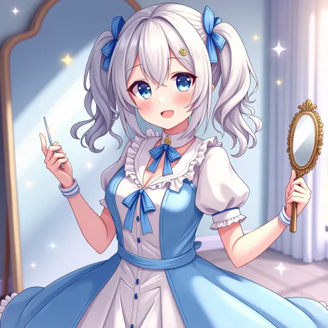  bust up、 1 girl、 gentle smile 、Beautiful silver hair、 short twin tail 、Big Blue Eyes、blush、Figure like a magical girl 、silver and blue dress、Magic wand with a mirror in hand 、 A beautiful room with a big mirror、 anime style