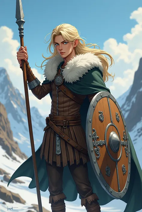 Skinny Anime viking groom with long blonde hair weilding a spear and a shield