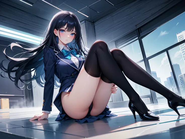  high school student ， Has long, dark hair ， with warm blue eyes ， Wore a fresh blue suit and black heels ， pure white collar and bright green bow 。 has long dark hair and warm blue eyes ， in a car ， Striking a seductive pose,Spread your legs,The lower bod...