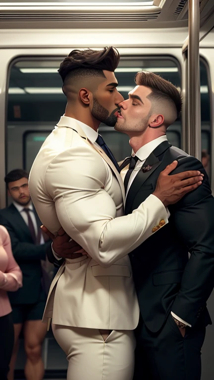 Detailed Seductive kissing A spiky hairstyle 40 years old dark chocolate skin color tall handsome indian huge wide muscular dream daddy man doing smooching kissing with white muscular hunk formal suit, in metro wind blowing perfect crowded public metro ins...