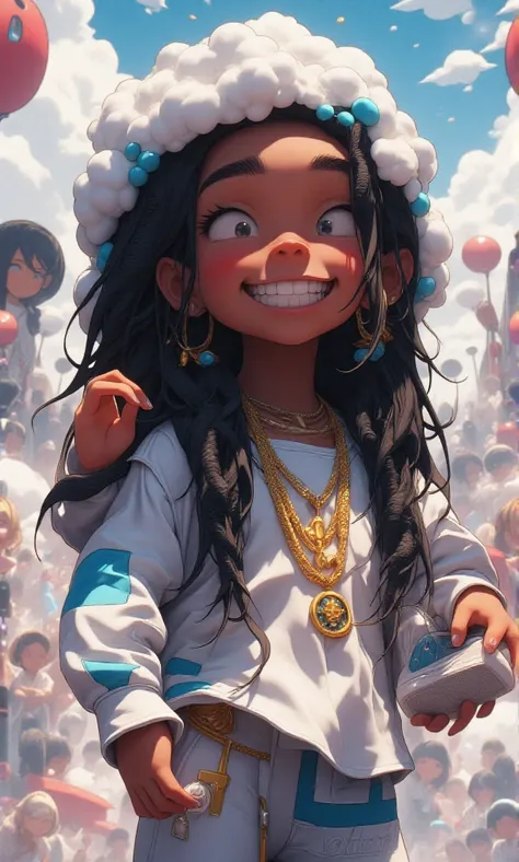 3d animated Cloud being with cloud dreadlocks. a vibrant backdrop while the cloud being has a wide smile showcasing diamond filled teeth. gold chain, rolex watch and designer sneakers. 